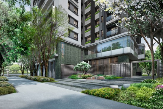 『新業(yè)京御苑』26層昂峰地標(biāo)，放眼能遠(yuǎn)眺山形，低迴可近收闊綠，桃源覓靜的入口，片片金屬瓦形景牆，彷彿風(fēng)吹水波粼粼，簡約意象鳥居，表現(xiàn)日式清逸的入口。