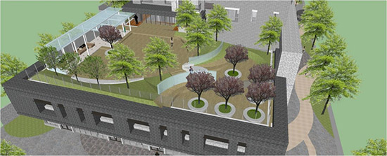 2F露臺3D圖，地坪採用自然陶磚，珍貴婆羅洲鐵木感受臺中地貌微型縮影的公園設(shè)計(jì)紋理。