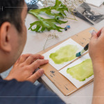 將化學(xué)藥劑塗抹於水彩紙上，藍(lán)曬創(chuàng)作的序幕悄然展開。