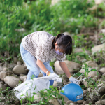 在卵礫石堆中藍(lán)色醒目的「皮球」，吸引了小朋友前去查看並拾起，一點(diǎn)一滴還給河川乾淨(jìng)的面貌。