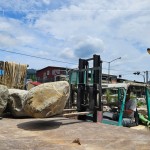 將挑選的石頭放上貨車，移至工廠用強力水柱清洗身體後，選個良辰吉時再入新厝，期待那天的到來。