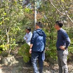 新業(yè)建設簡福榮總經理(左一)與吳志輝建築師(中)，親赴彰化田尾，尋找羅漢松、烏臼、櫸木、楓樹等合適樹種。